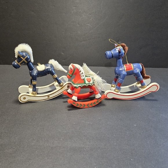 Other - Vtg Christmas Rocking Horse Ornaments 2 Painted Wood, 1 Plastic